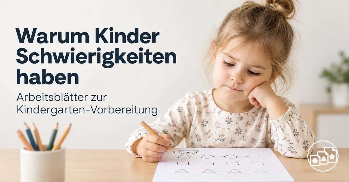 Kind mit Schwierigkeiten bei einer Aufgabe auf einem Arbeitsblatt zur Kindergarten-Vorbereitung