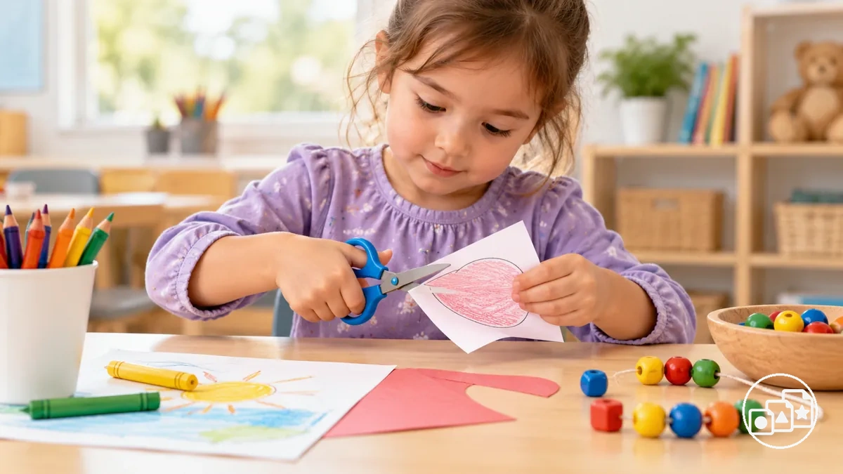 Feinmotorische Aufgaben im Kindergarten mit Stiftkontrolle, Schneiden und Handhabung kleiner Gegenstände