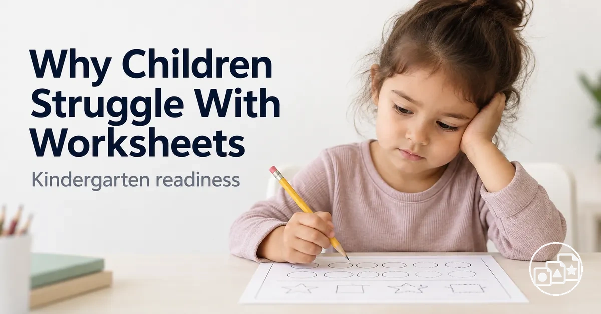 Child struggling with a kindergarten readiness worksheet task