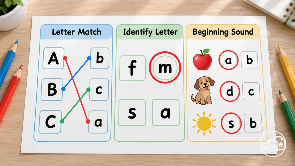 Annotated letter recognition worksheet with uppercase, lowercase and beginning-sound matching tasks