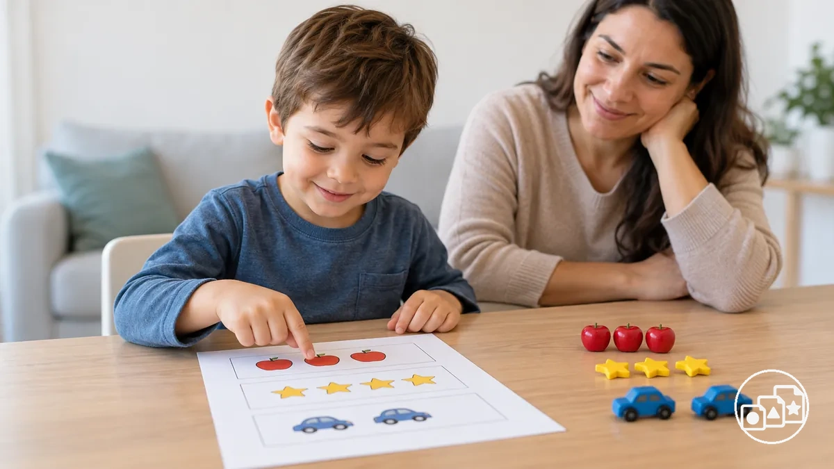 Child practising a familiar counting skill on a worksheet with adult support