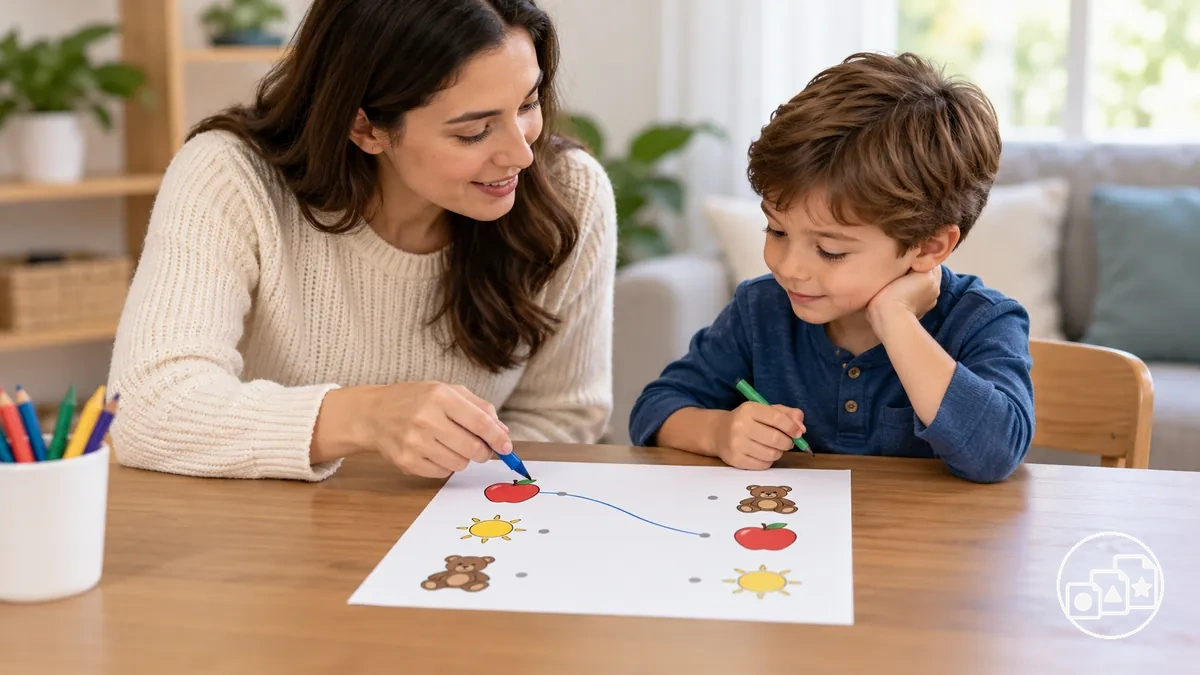 Adult indicating one worksheet item before handing the task to a child for an independent attempt