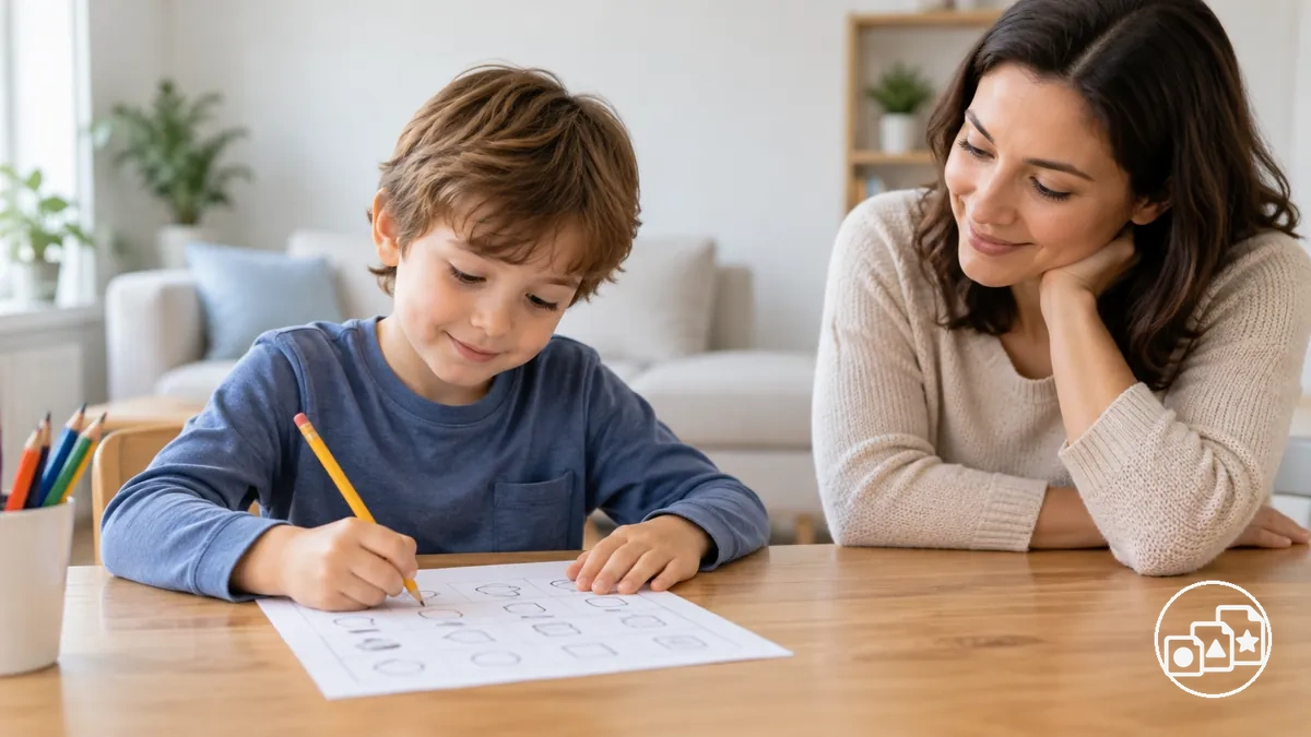 Adult observing a child during a short and manageable worksheet session at home