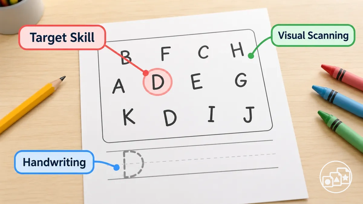 Annotated kindergarten readiness worksheet showing the target skill and secondary task demands