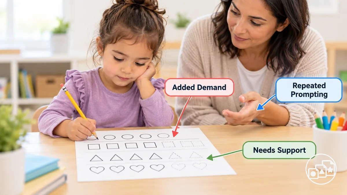 Annotated worksheet example showing repeated prompting and task breakdown as signs the difficulty may be too high