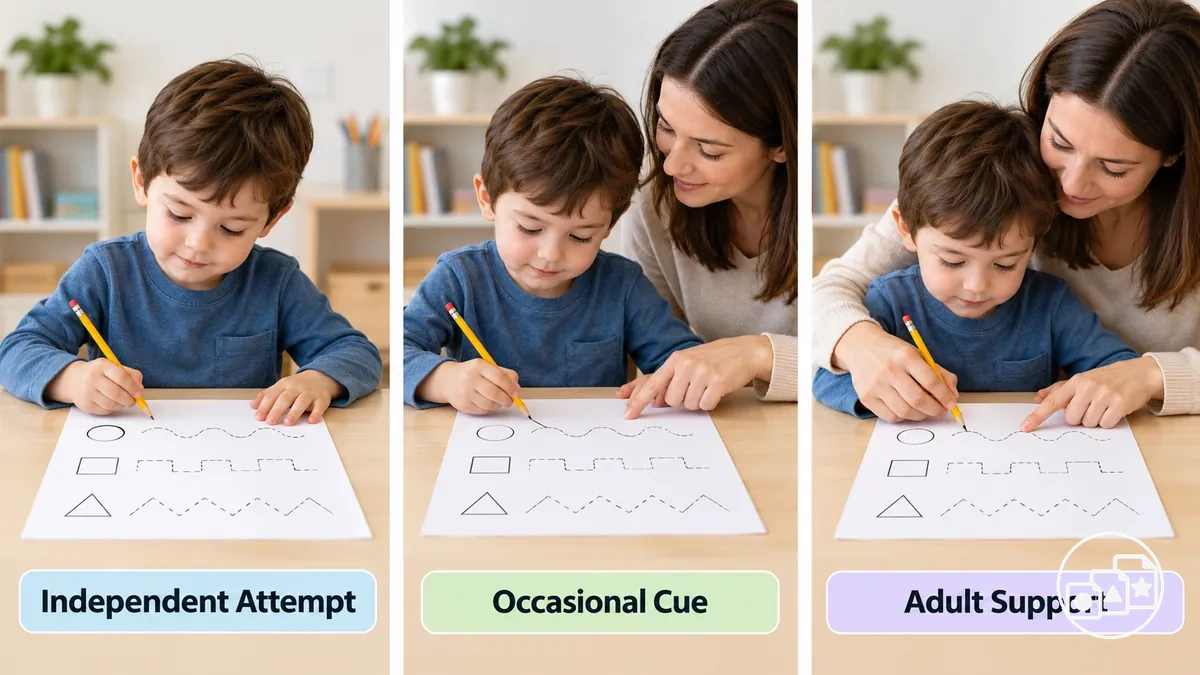Illustration of a child completing the same worksheet with different levels of adult assistance
