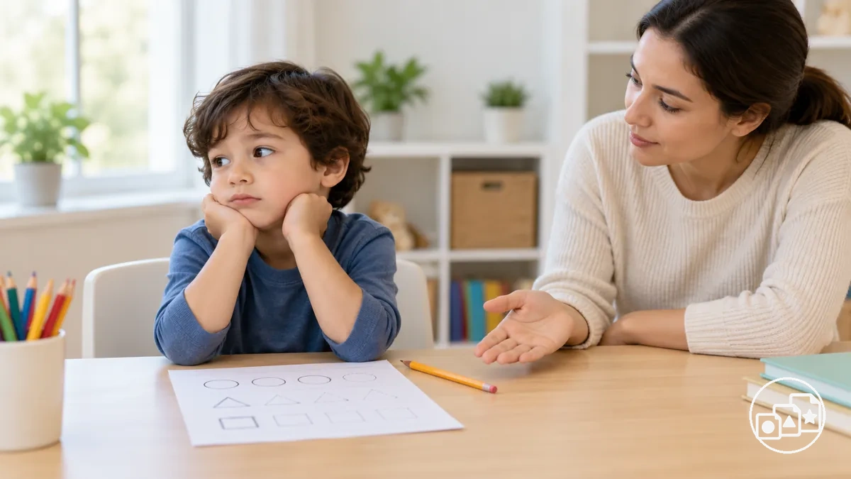 Child pausing during a worksheet while an adult provides neutral prompting and support