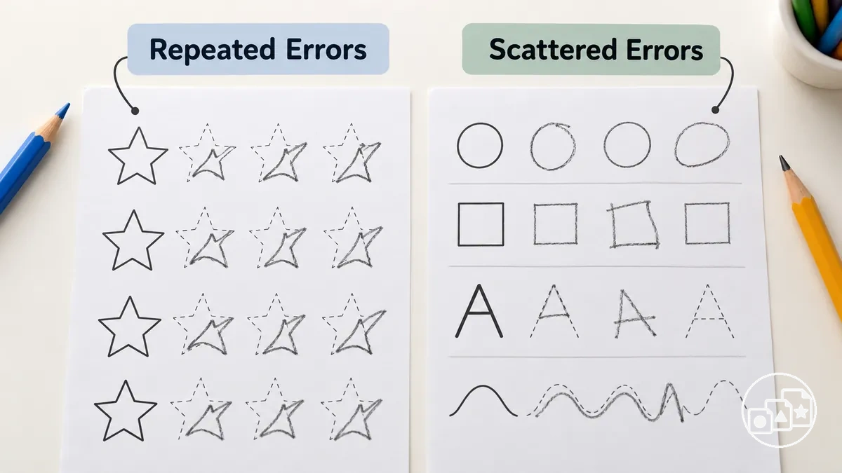 Two worksheet fragments showing repeated same-type errors and scattered isolated mistakes