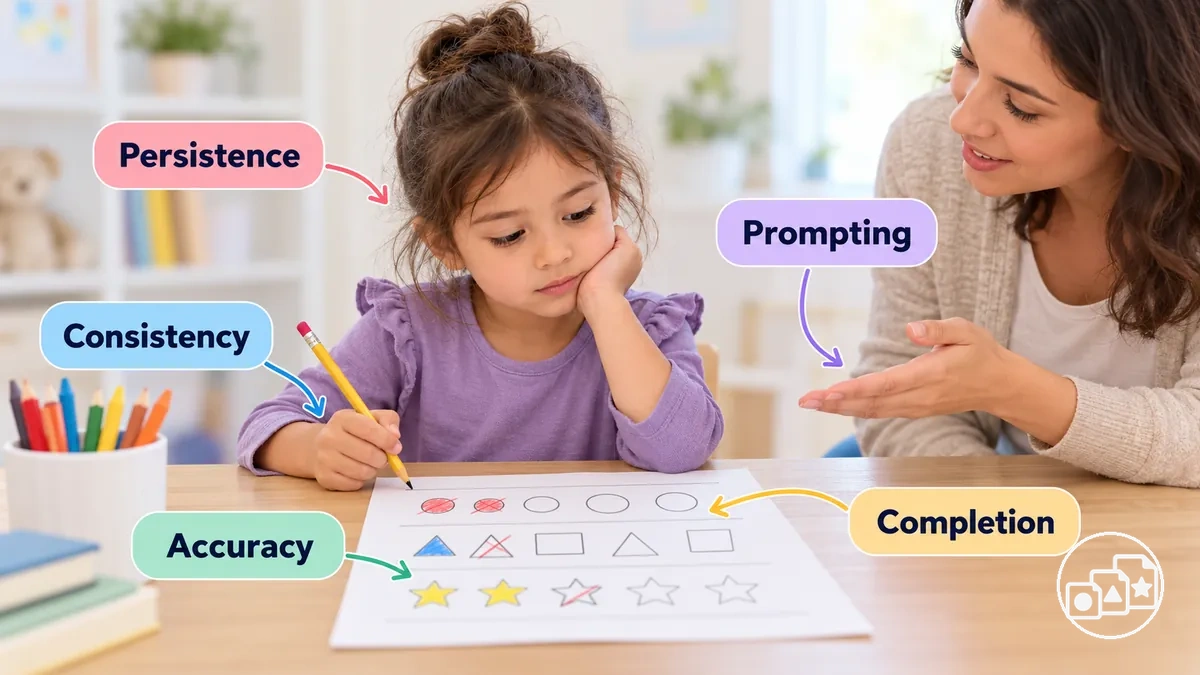 Child pausing over a partly completed worksheet with corrected marks and neutral adult prompting