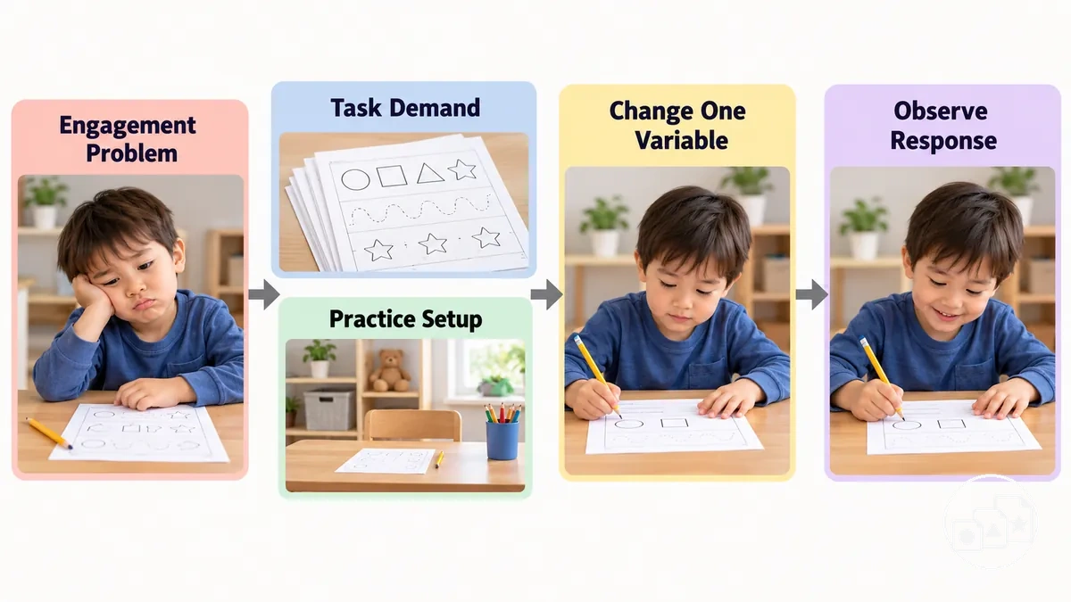 Diagnostic sequence for checking worksheet task demand and practice setup.