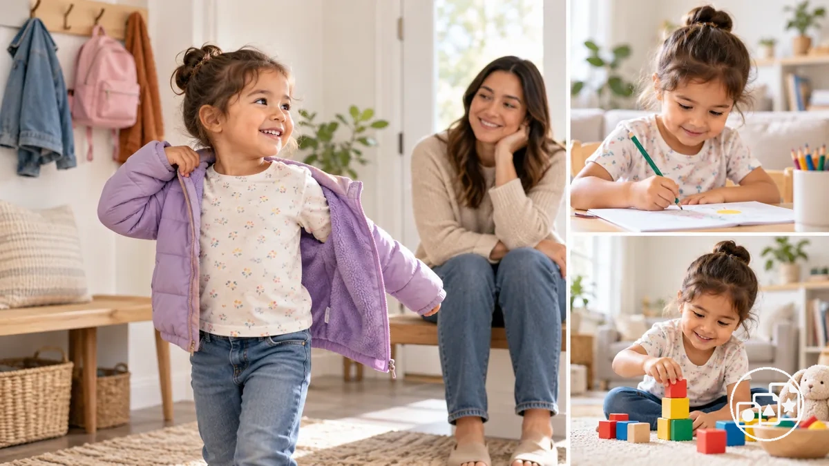 Child demonstrating communication, self-care, and fine-motor skills during familiar everyday routines
