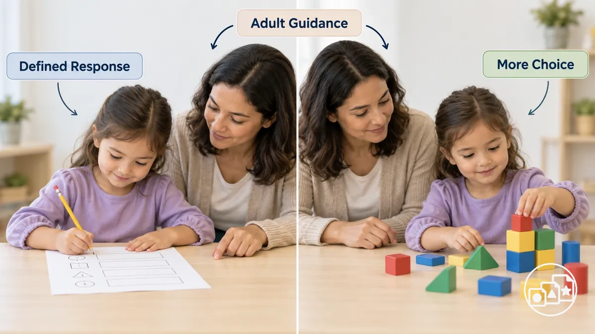 Worksheet and hands-on tasks showing different levels of child choice and participation