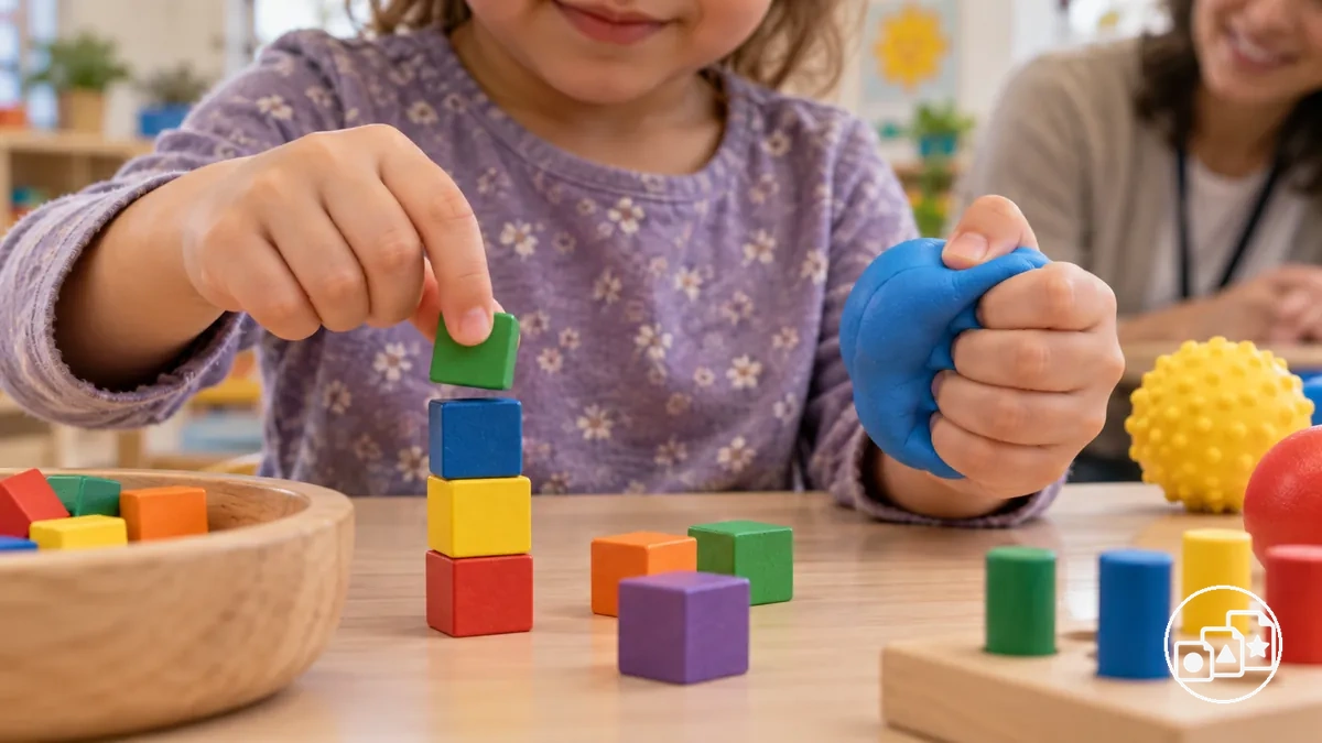 Child using finger strength and precise pinch to manipulate small classroom objects