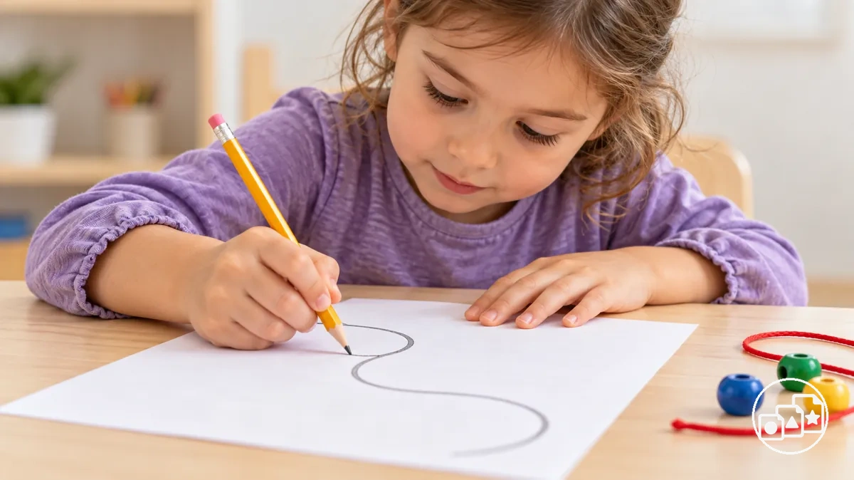 Child using hand-eye coordination to guide a fine motor task along a visible target