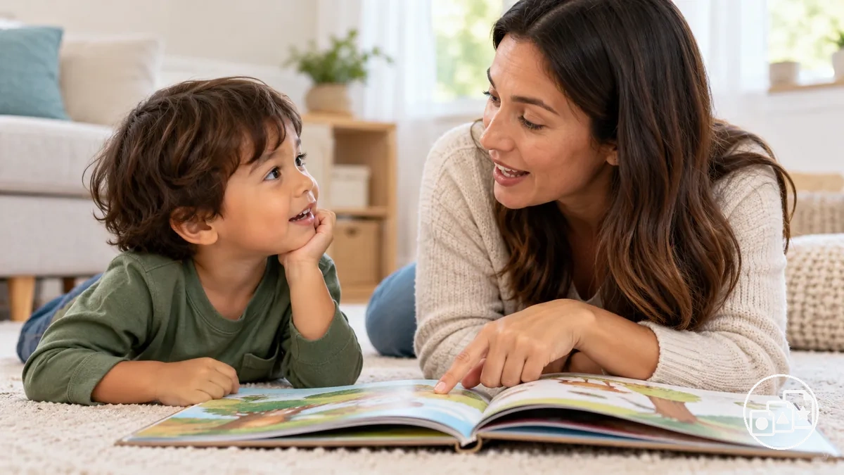 Adult and child talking about a picture book to build oral language, vocabulary, and listening comprehension