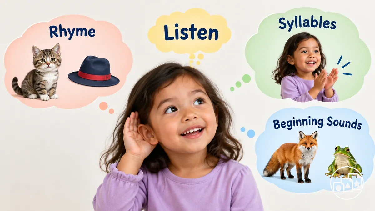 Examples of rhyme, syllable, and beginning-sound phonological awareness using spoken words and pictures