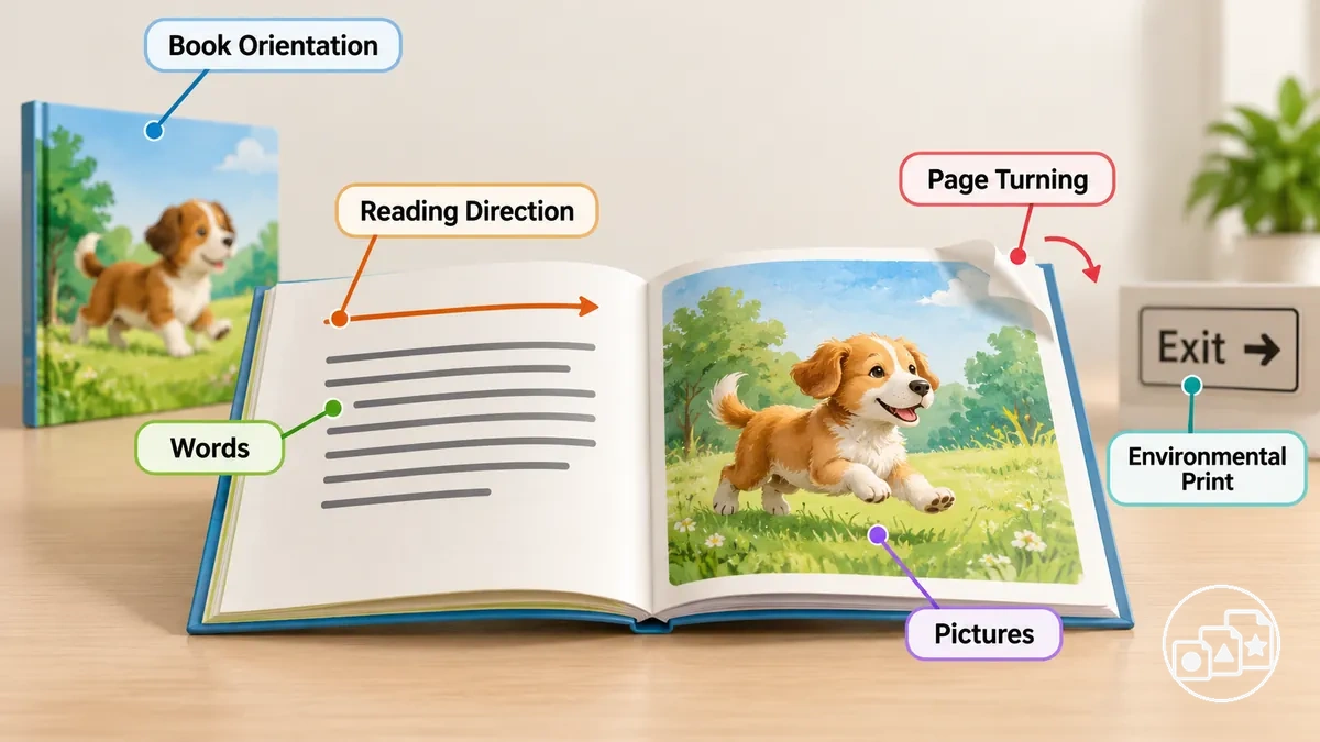 Annotated picture book showing print awareness and basic book concepts for kindergarten readiness