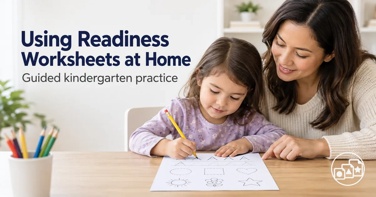 Parent guiding kindergarten readiness worksheet practice at home