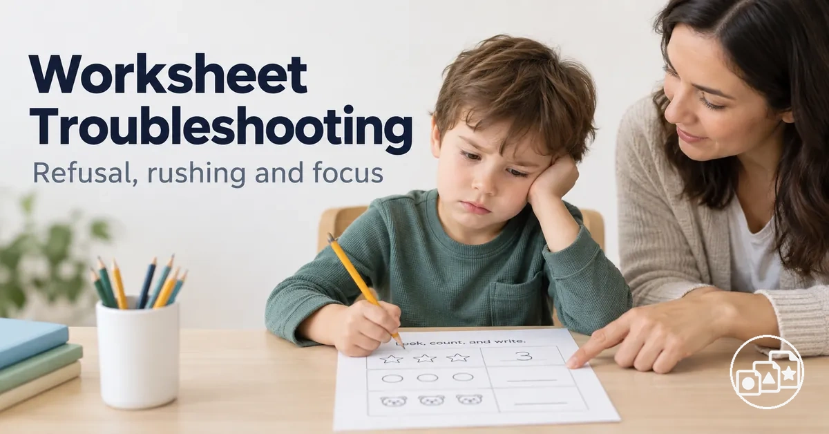 Child receiving support with worksheet refusal, rushing and focus