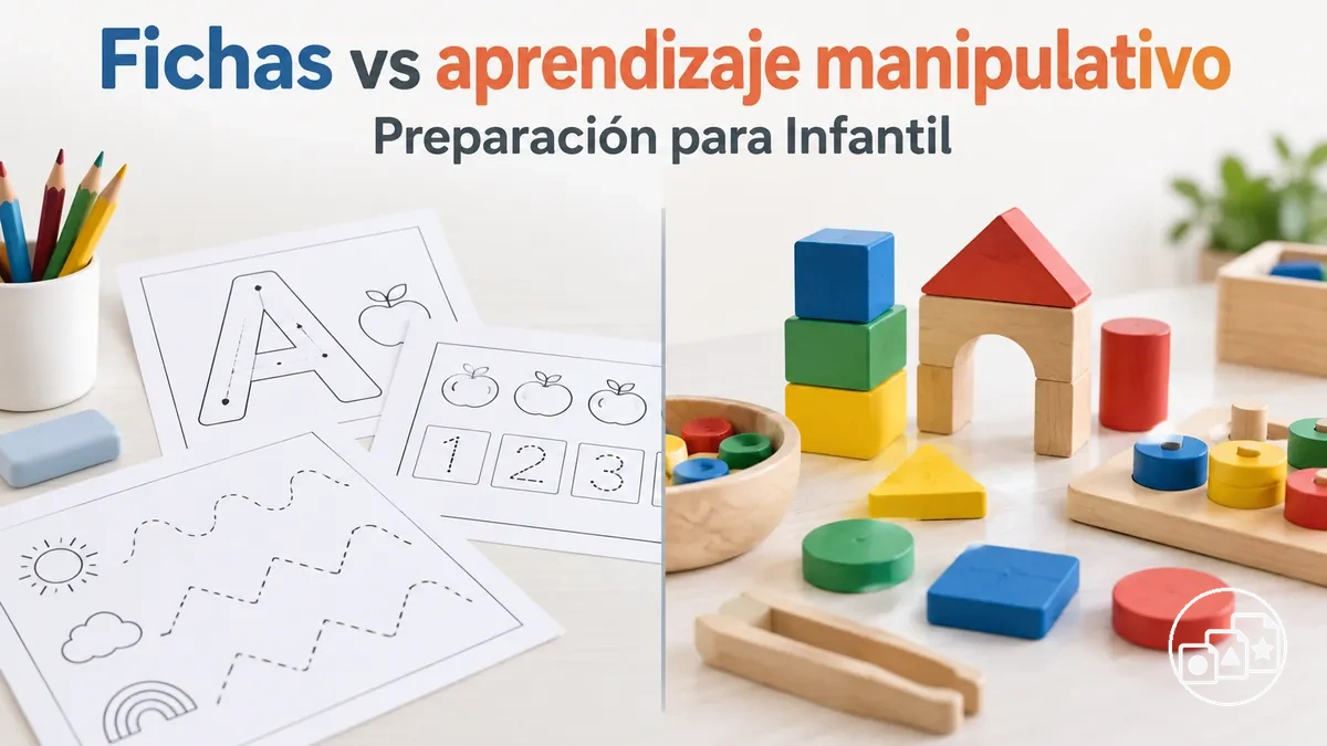 Práctica con fichas junto a actividades manipulativas de preparación para Infantil