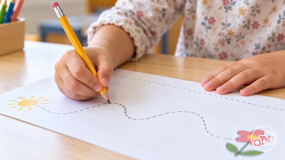 Niño usando un agarre estable del lápiz para hacer trazos controlados para la preparación escolar