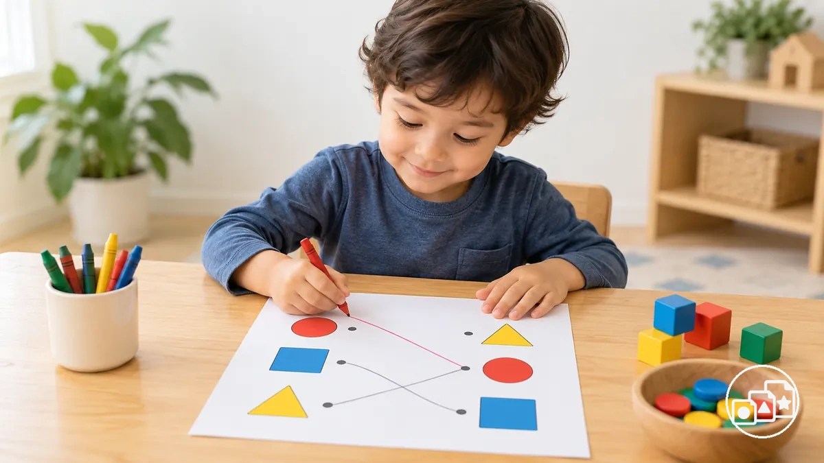 Niño de preescolar completando con comodidad una tarea sencilla de ficha según su preparación actual, no según una edad fija