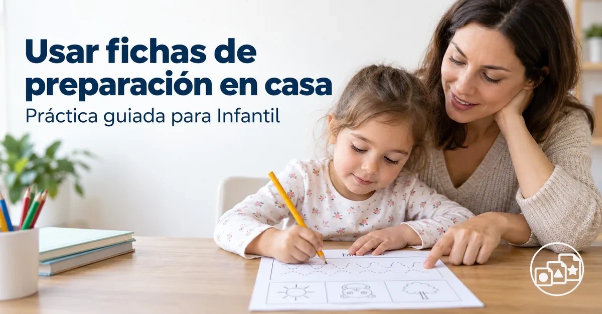 Adulto guiando la práctica con fichas de preparación para Infantil en casa