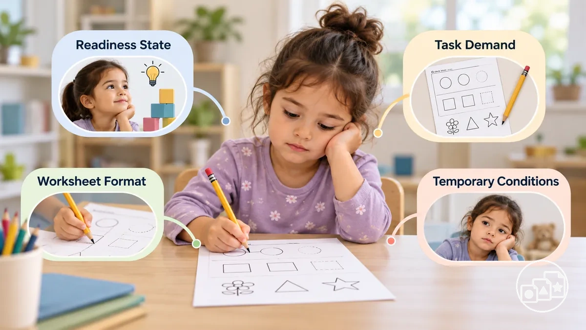 Enfant qui remplit une fiche de préparation à la maternelle, avec les exigences de tâche, de format, de production et les conditions temporaires de performance représentées autour de l'activité