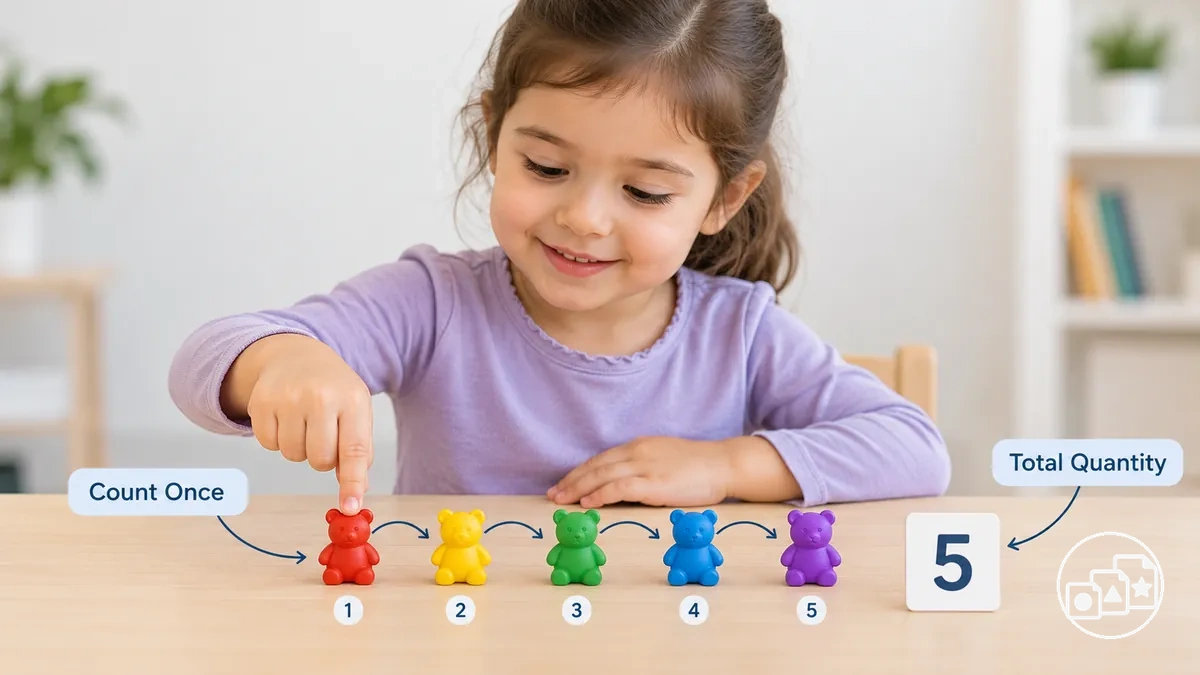 Enfant comptant des objets avec une correspondance terme à terme et identifiant la quantité totale