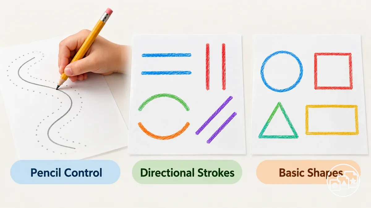 Compétences fondamentales de pré-écriture montrant le contrôle du crayon, les traits directionnels et les formes de base