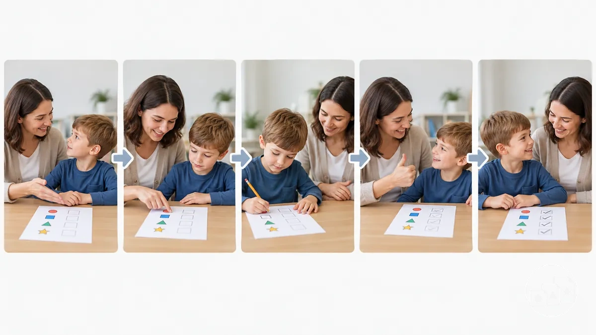 Séquence de séance de fiche allant de l orientation et de la modélisation à un essai de l enfant, un retour bref et une fin claire