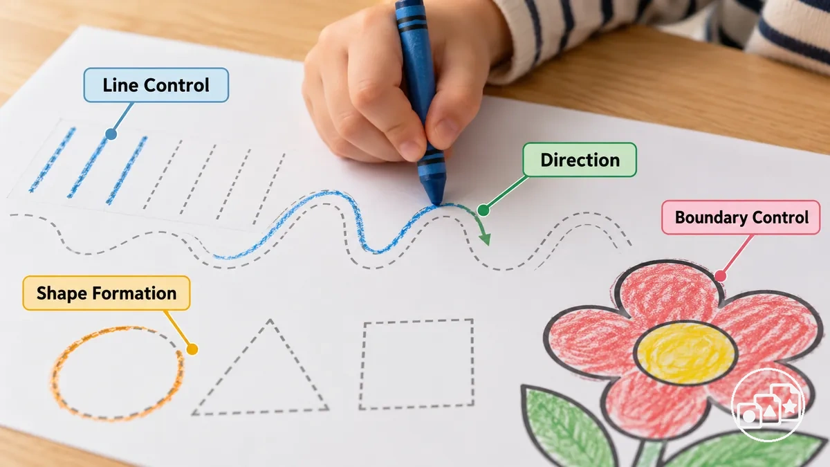 Fiche de pré-écriture annotée montrant le tracé, le contrôle de la ligne et la pratique de formes simples