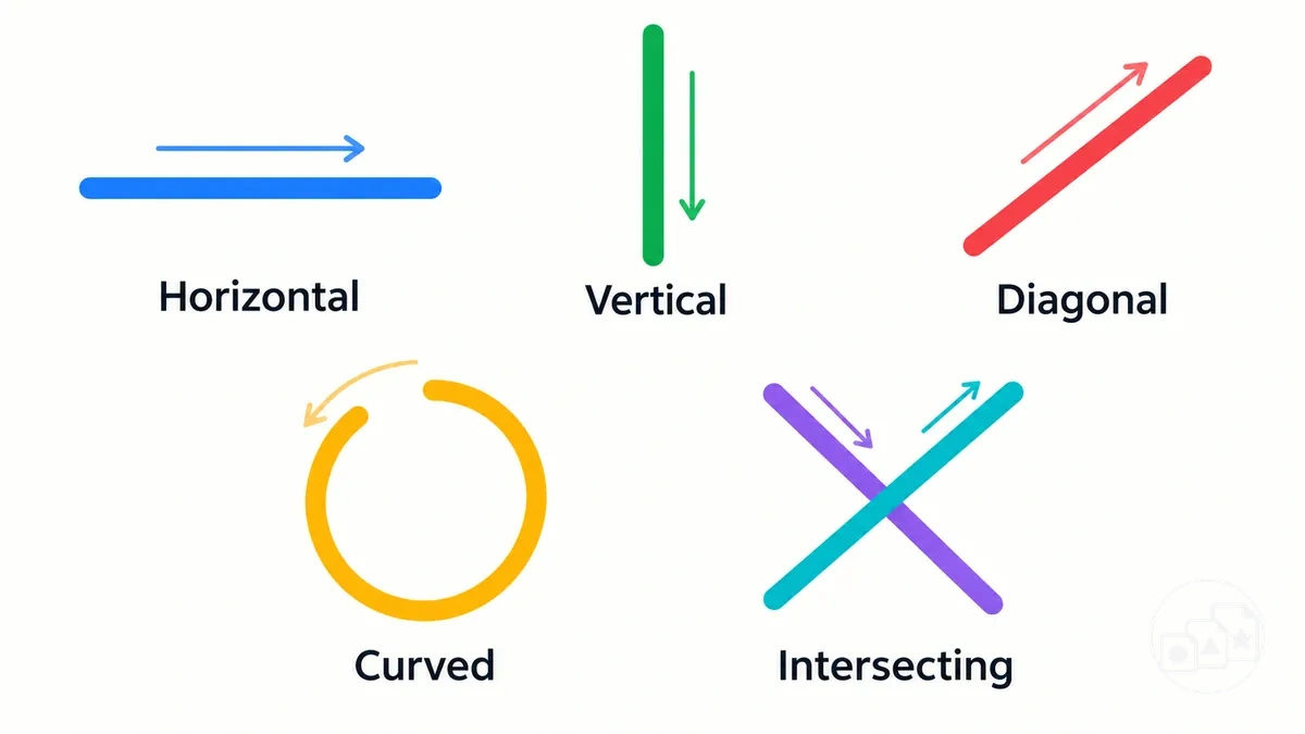 Directions de traits de pré-écriture incluant les lignes horizontales, verticales, diagonales, courbes et entrecroisées