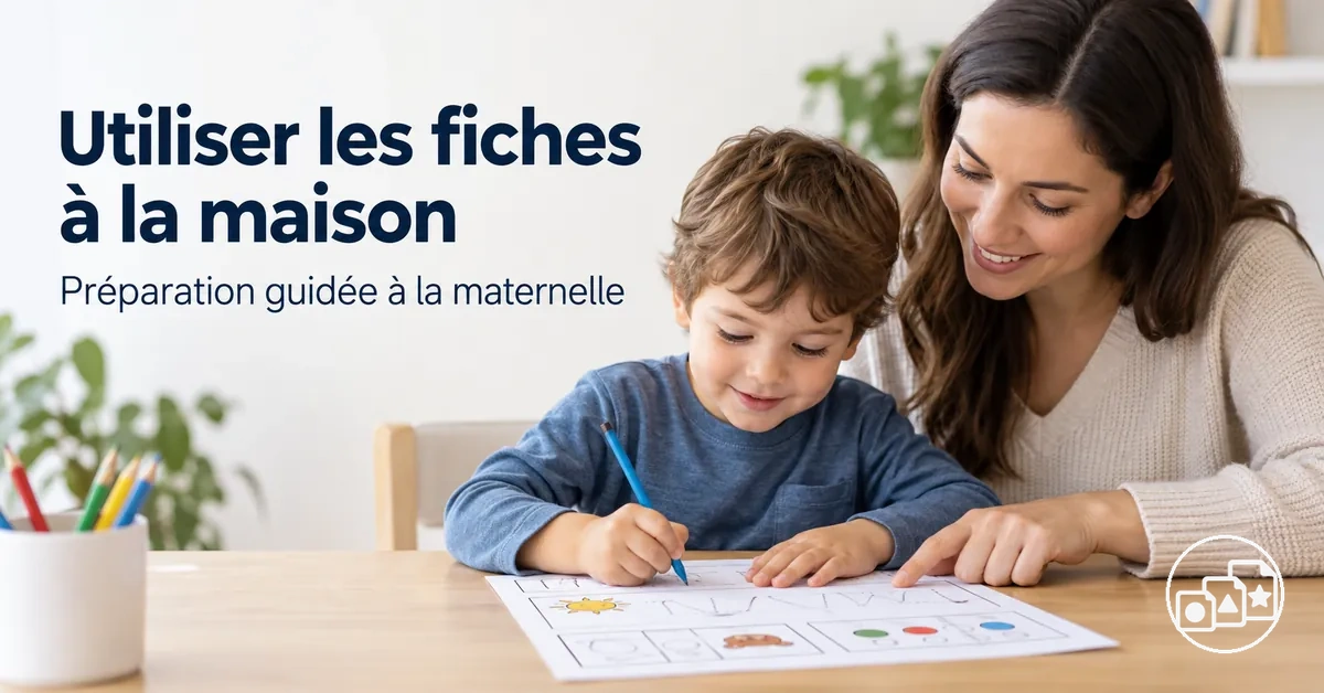 Parent accompagnant à la maison des exercices sur fiches pour préparer la maternelle