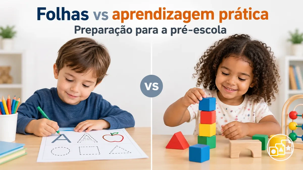 Prática com folhas de atividades ao lado de atividades práticas de preparação para a pré-escola
