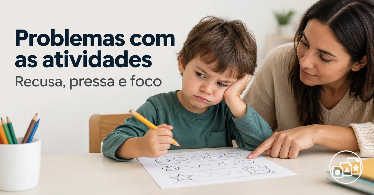 Criança recebendo apoio diante de recusa, pressa e falta de foco nas folhas de atividades