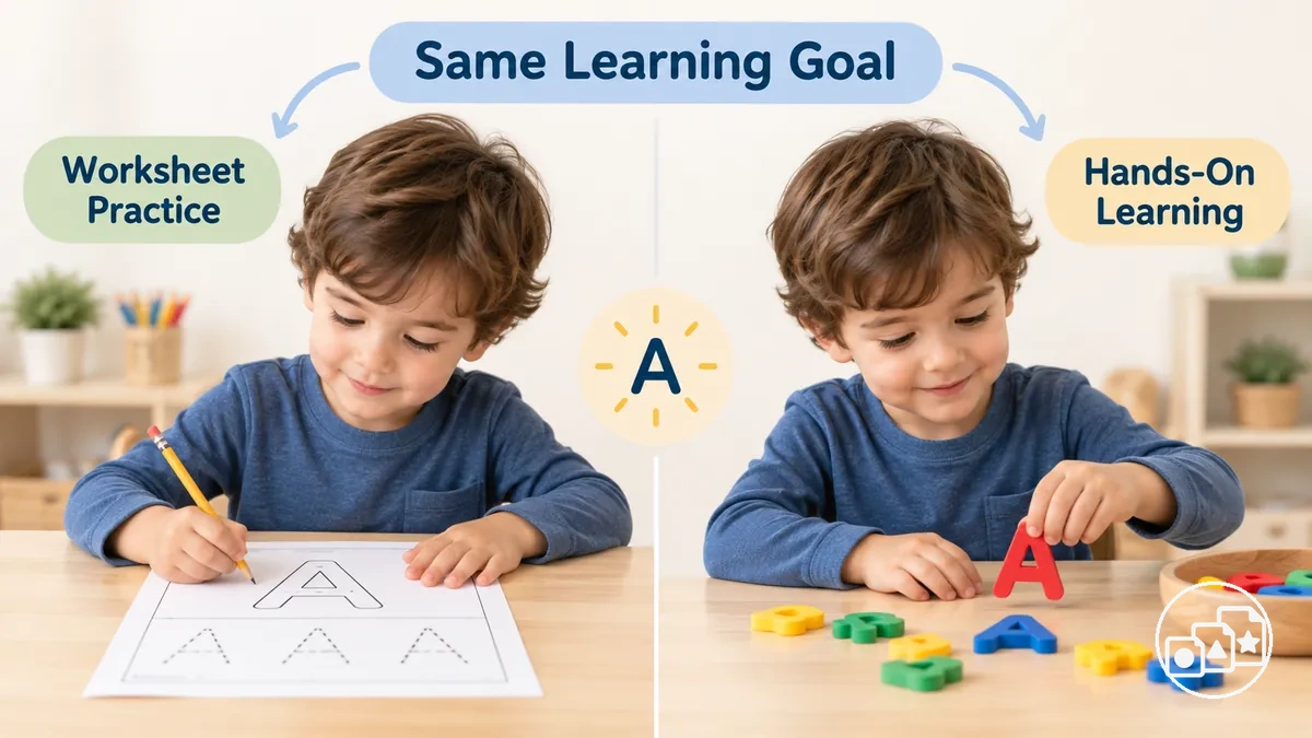 Comparação entre abordagens baseadas em folhas de atividades e aprendizagem prática para o mesmo objetivo de preparação para a pré-escola
