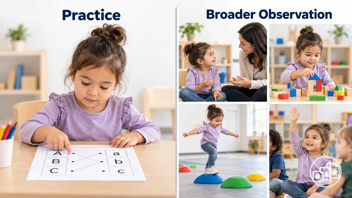Prática com folhas de atividades comparada com observação mais ampla de preparação para a pré-escola em diferentes atividades
