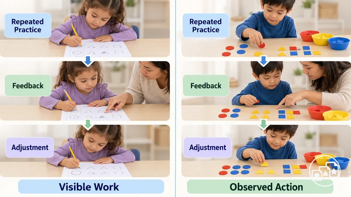 Repetição com folha de atividades e prática em atividades práticas mostrando diferentes formas de feedback e evidência observável