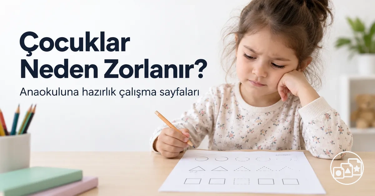 Anaokuluna hazırlık çalışma sayfasındaki bir görevde zorlanan çocuk