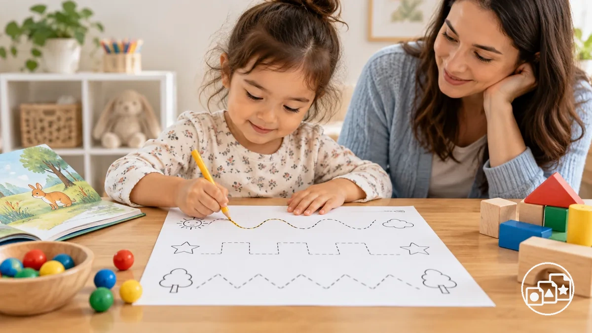 Anaokuluna hazırlık çalışma sayfası, daha geniş öğrenme etkinlikleriyle birlikte odaklanmış beceri alıştırması için kullanılıyor